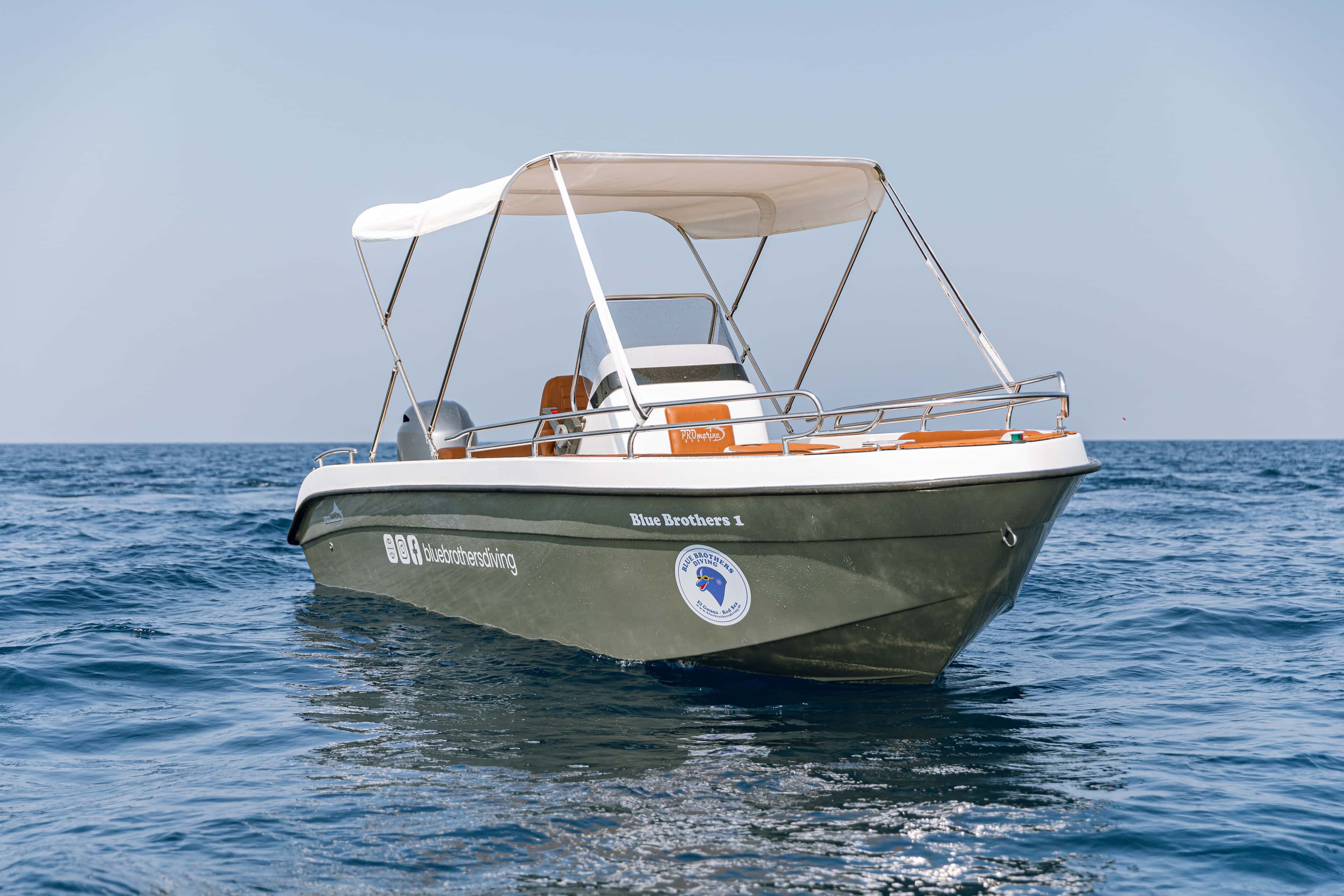 A small, green and white motorboat with a canopy anchored calmly in clear blue ocean water.